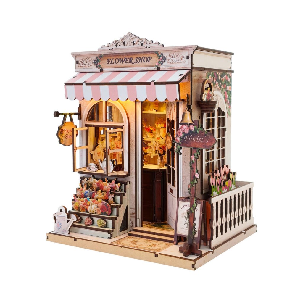 Corner Flower Shop Book Nook: Light-Up Wooden Model Kit