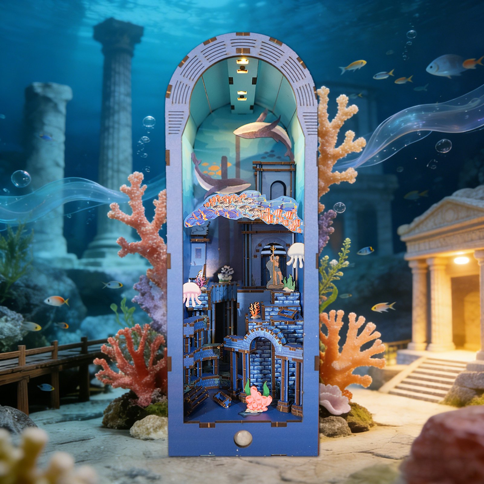 A lit-up wooden book nook showing an underwater city