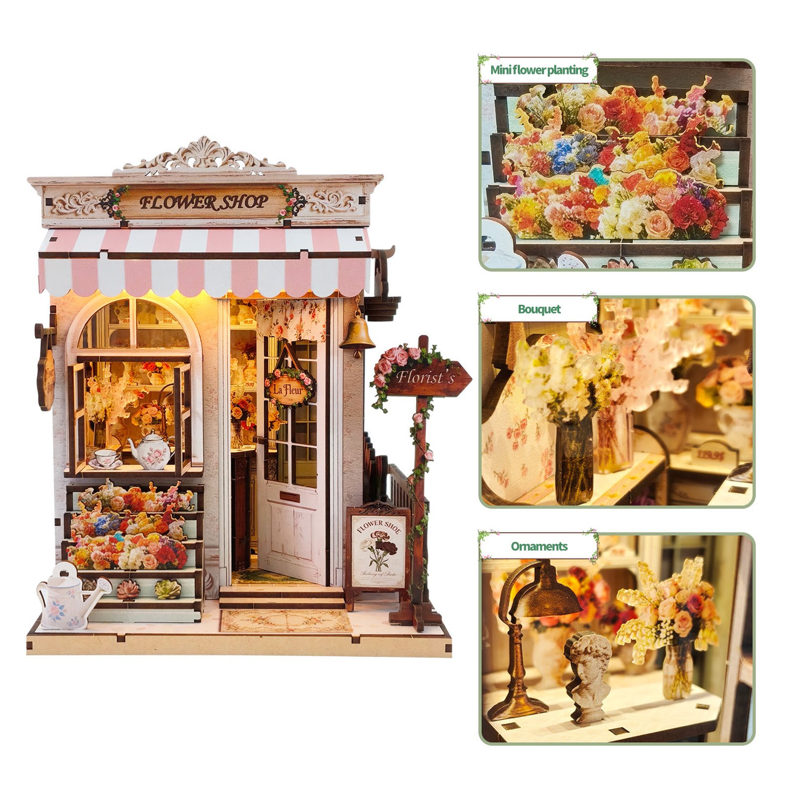 Corner Flower Shop Book Nook: Light-Up Wooden Model Kit – view 3